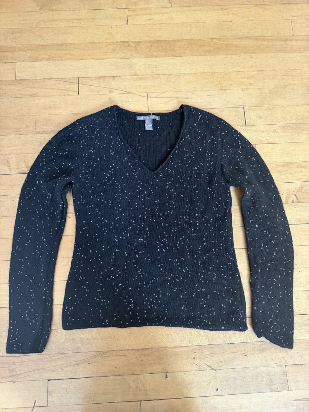 Saks Fifth Avenue Cashmere Silk Sequin V-Neck Sweater Black Size L